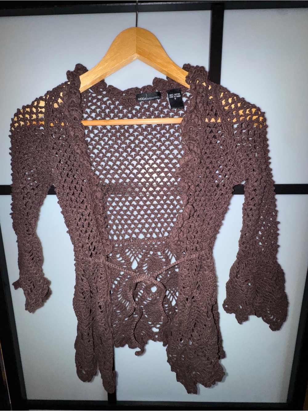 Moda International Brown Crochet Open-Front Women's Sweater